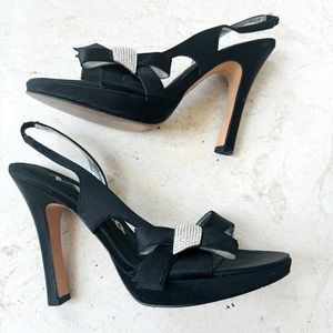 Nina  black satin rhinestone bow peep toe heels size 8.5